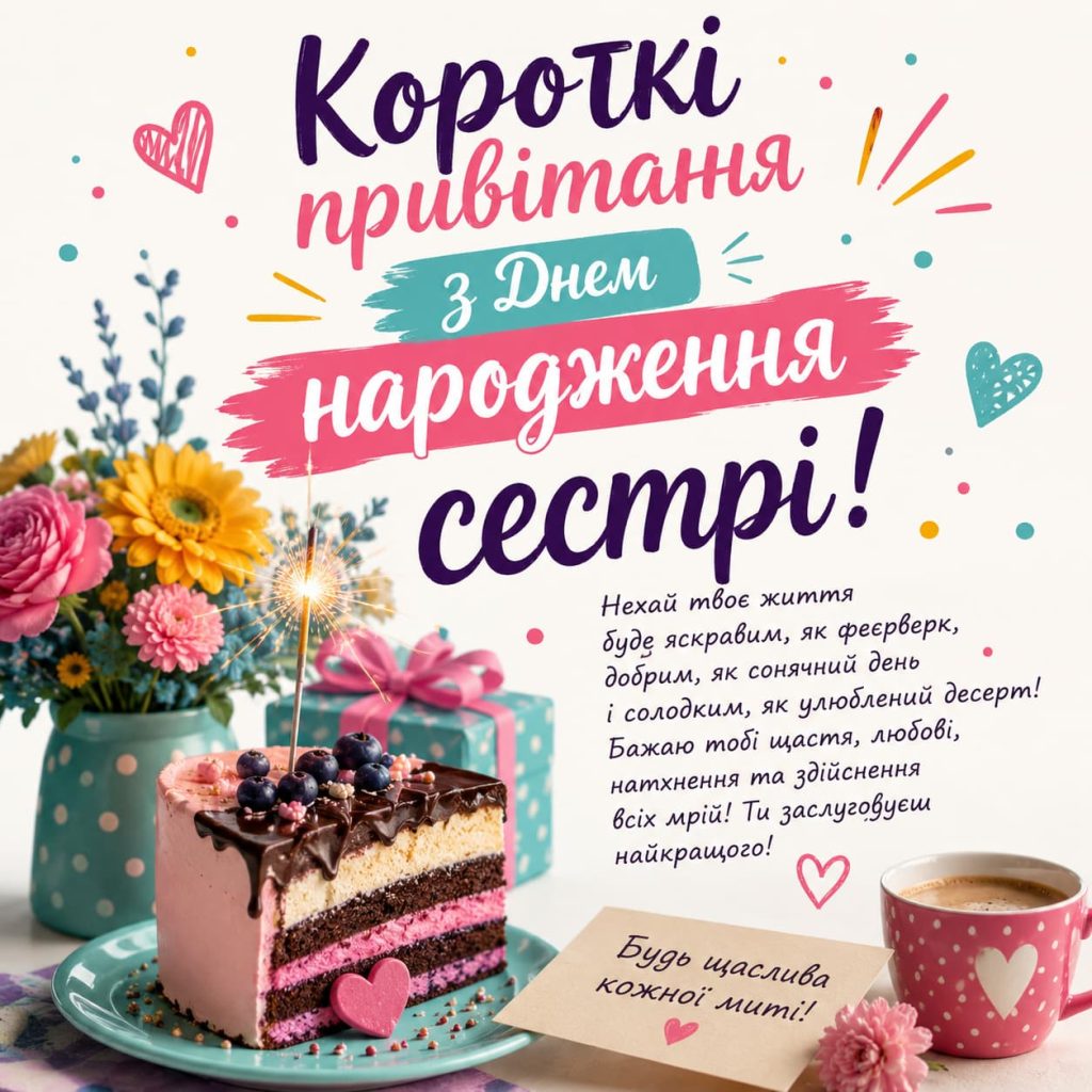 Короткі привітання з Днем народження сестрі картинка 3